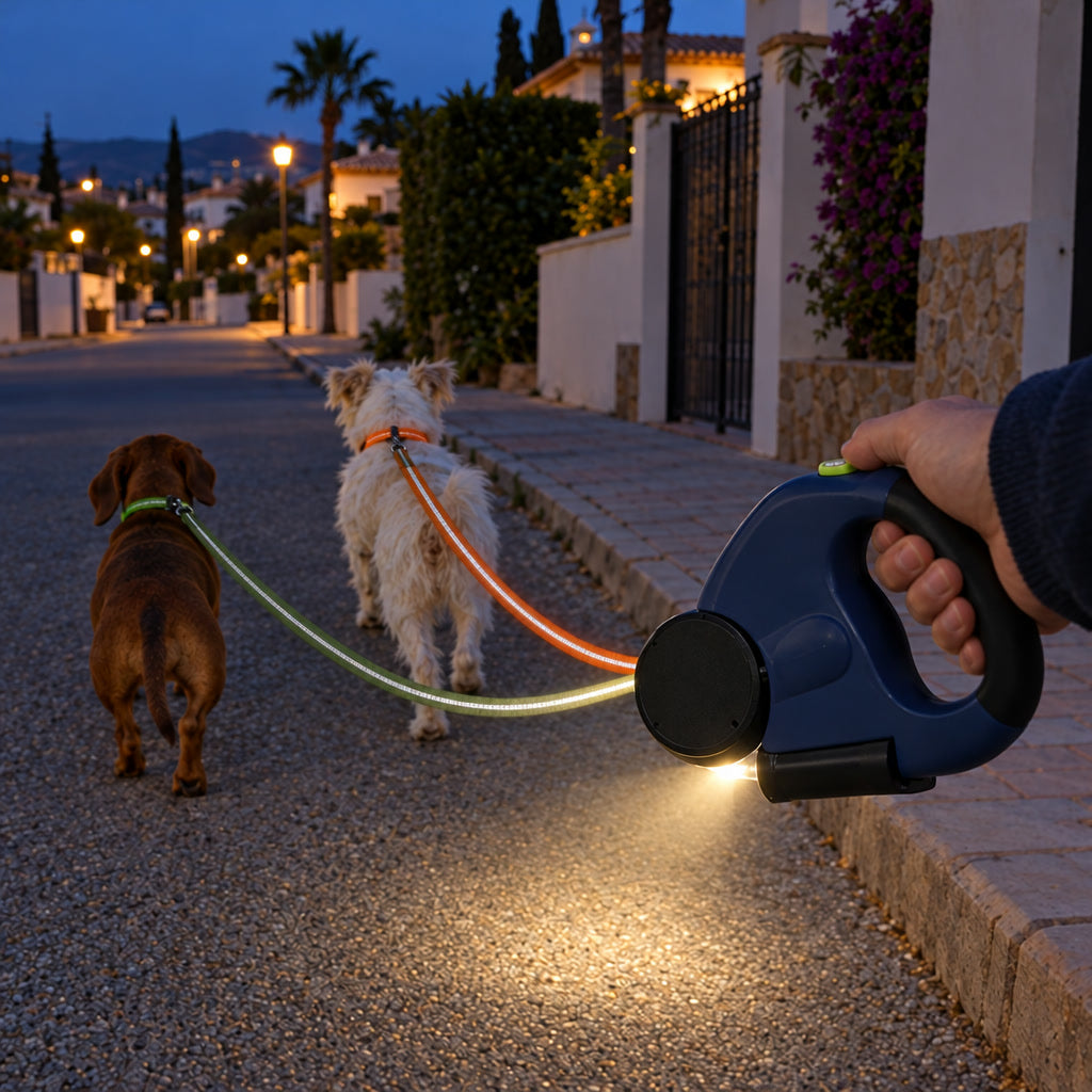 Paseo nocturno con la linterna LED encendida y cintas reflectantes · Azul marino