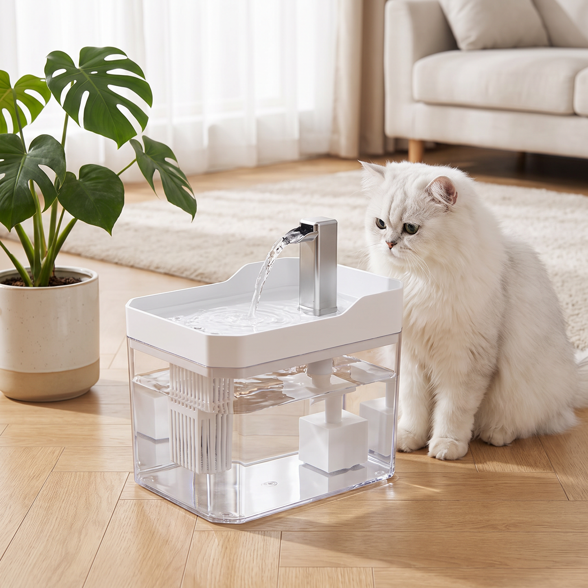 Fuente de agua en el salón junto a un gato