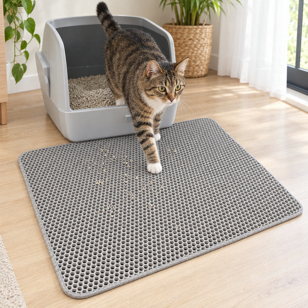 Gato saliendo del arenero sobre la alfombrilla atrapa-arena