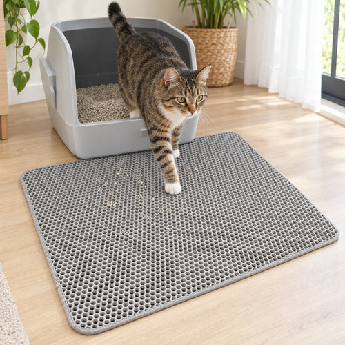 Gato saliendo del arenero sobre la alfombrilla atrapa-arena