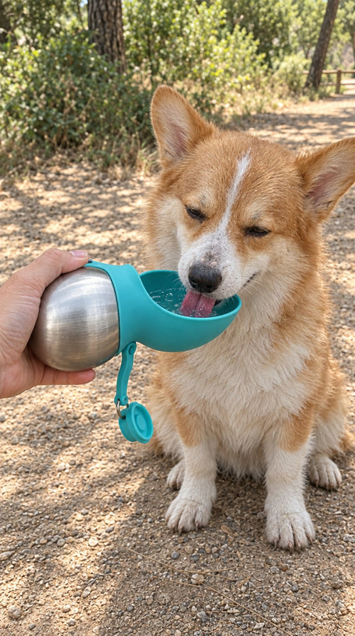 Perro bebiendo del cuenco de silicona de la botella de agua portátil