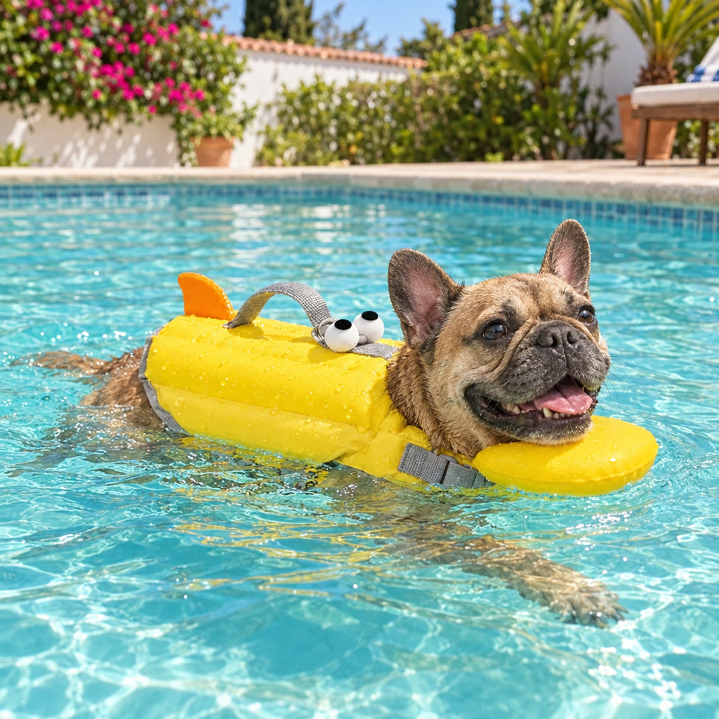 Perro flotando en la piscina con el chaleco salvavidas de patito