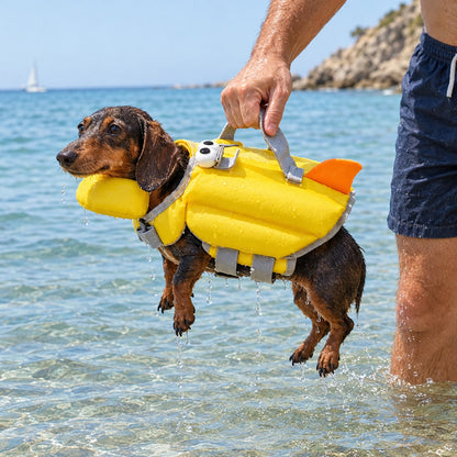 Sacando al perro del agua por el asa del chaleco salvavidas