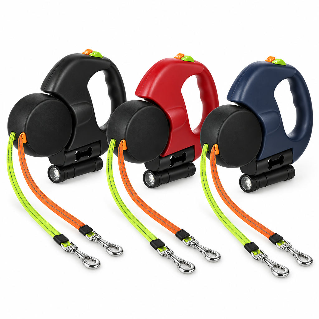 Correa extensible doble para 2 perros en rojo, negro y azul marino