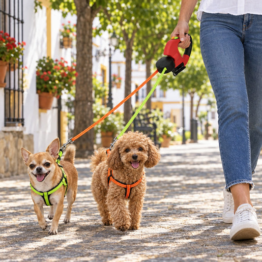 Paseando a dos perros pequeños con la correa extensible doble · Rojo