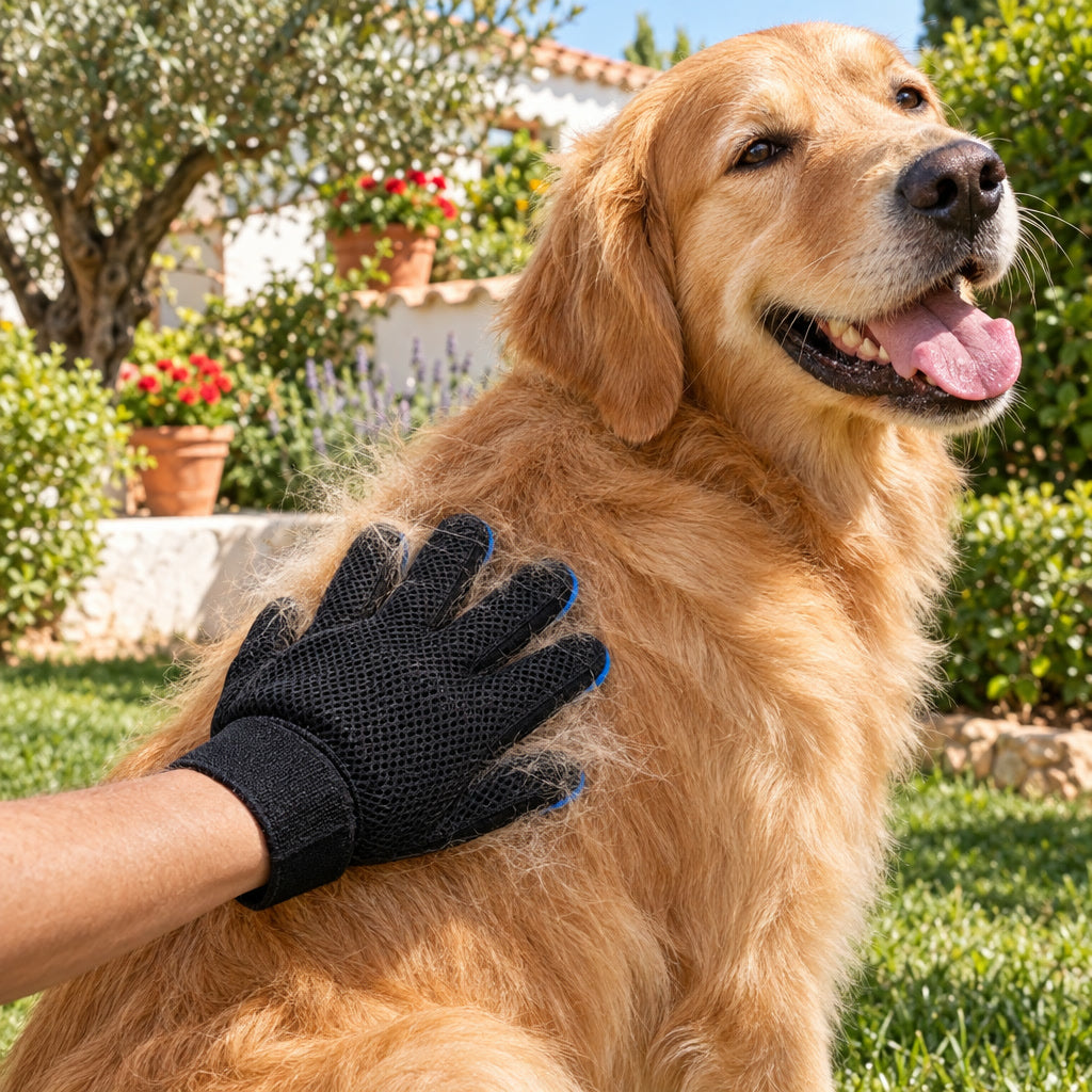 Cepillando a un perro con el guante de silicona