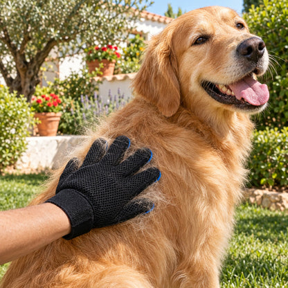 Cepillando a un perro con el guante de silicona
