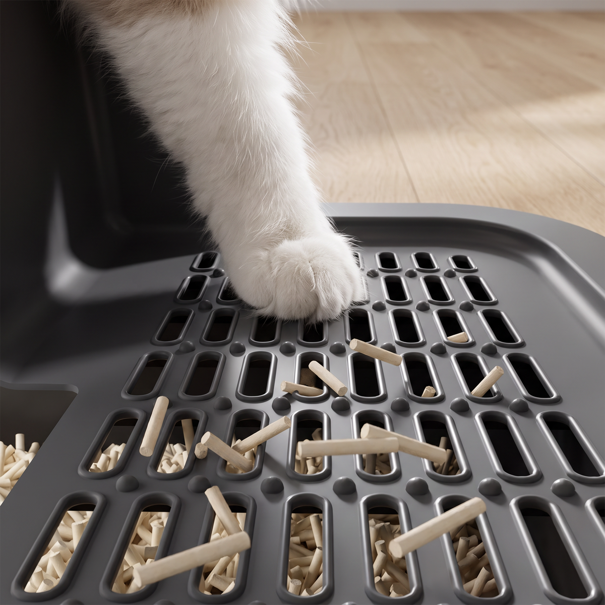Rejilla del pasillo que retiene la arena de las patas del gato