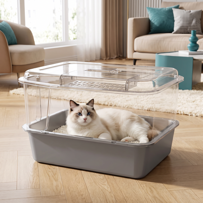 Versión con tapa transparente del arenero XXL con un gato tumbado dentro