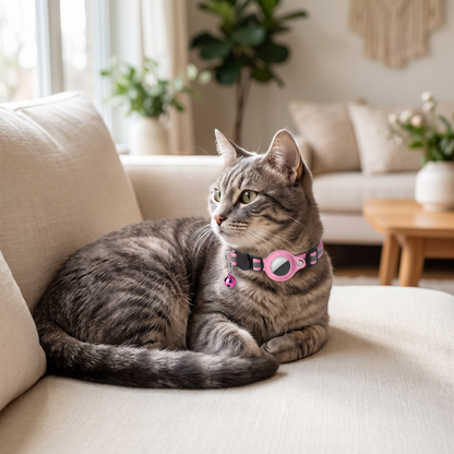Gato con el collar con soporte para AirTag en el sofá