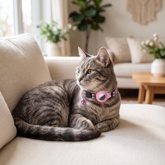 Gato con el collar con soporte para AirTag en el sofá