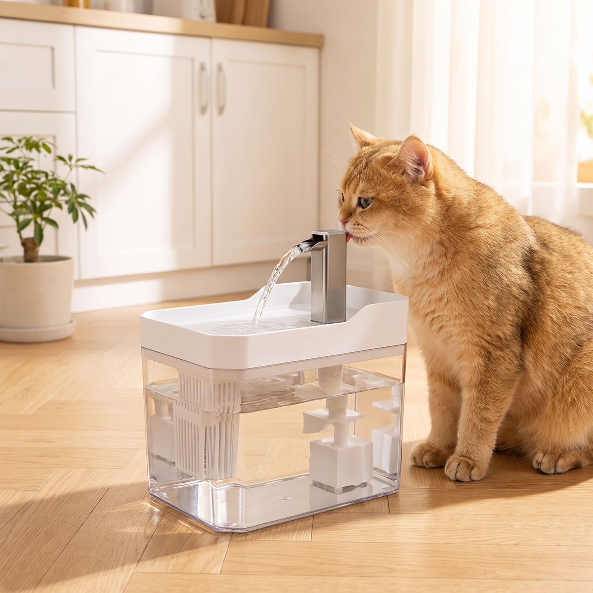 Gato bebiendo de la fuente de agua en la cocina
