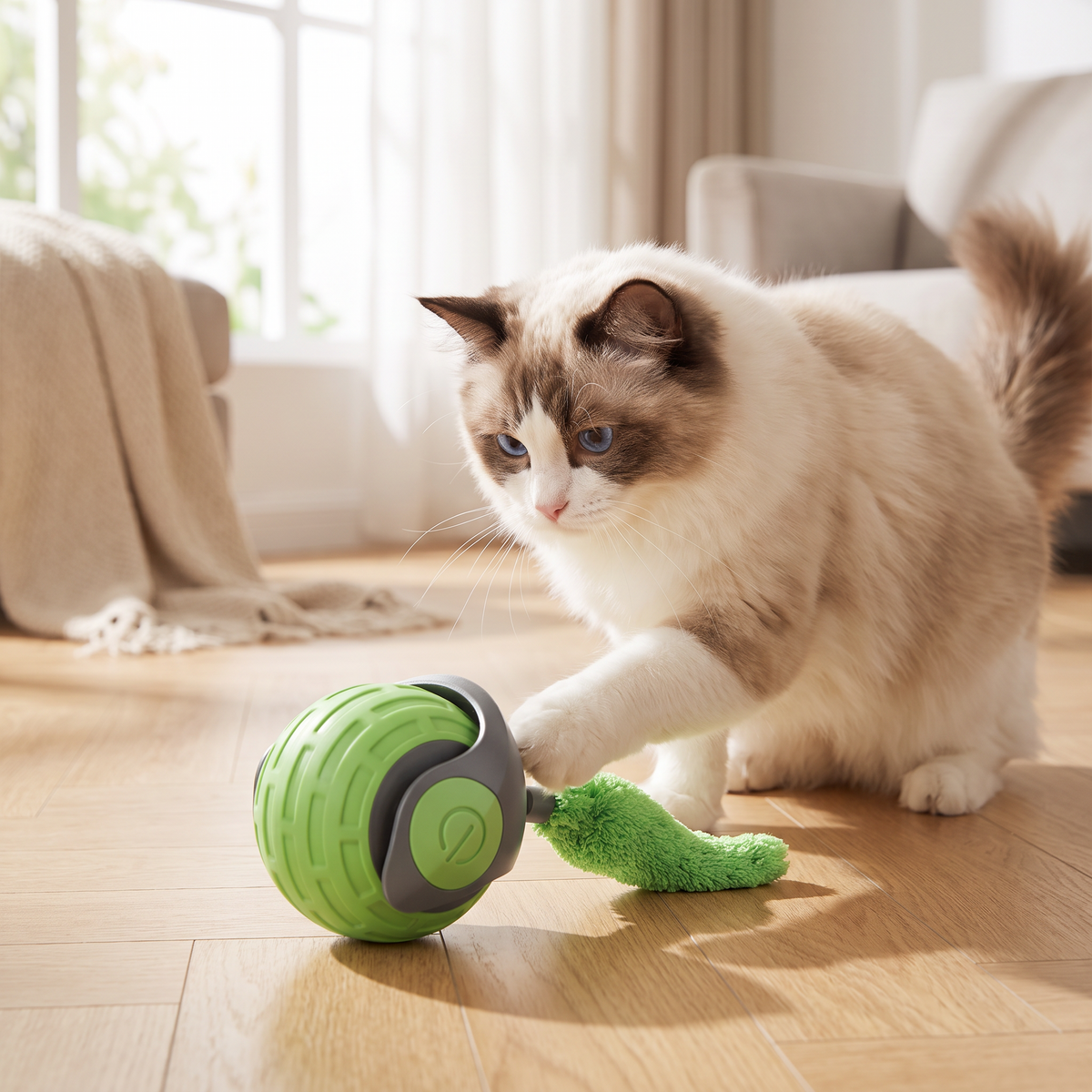 Gato jugando con la pelota interactiva en el salón