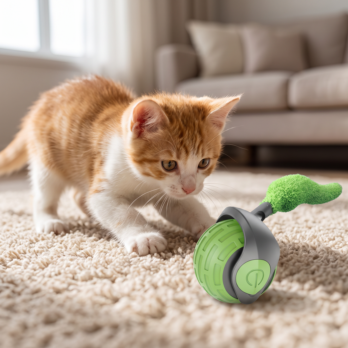 Gatito a punto de saltar sobre la pelota interactiva