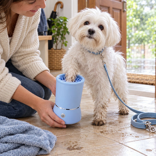 Limpiando la pata de un perro pequeño con el lavapatas eléctrico