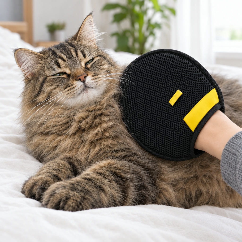 Pasando la manopla suavemente por un gato relajado