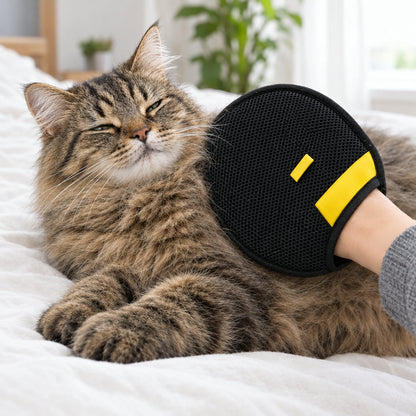 Pasando la manopla suavemente por un gato relajado