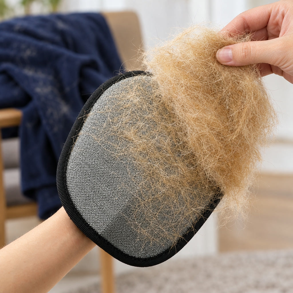 El pelo acumulado se quita de la manopla de una sola vez
